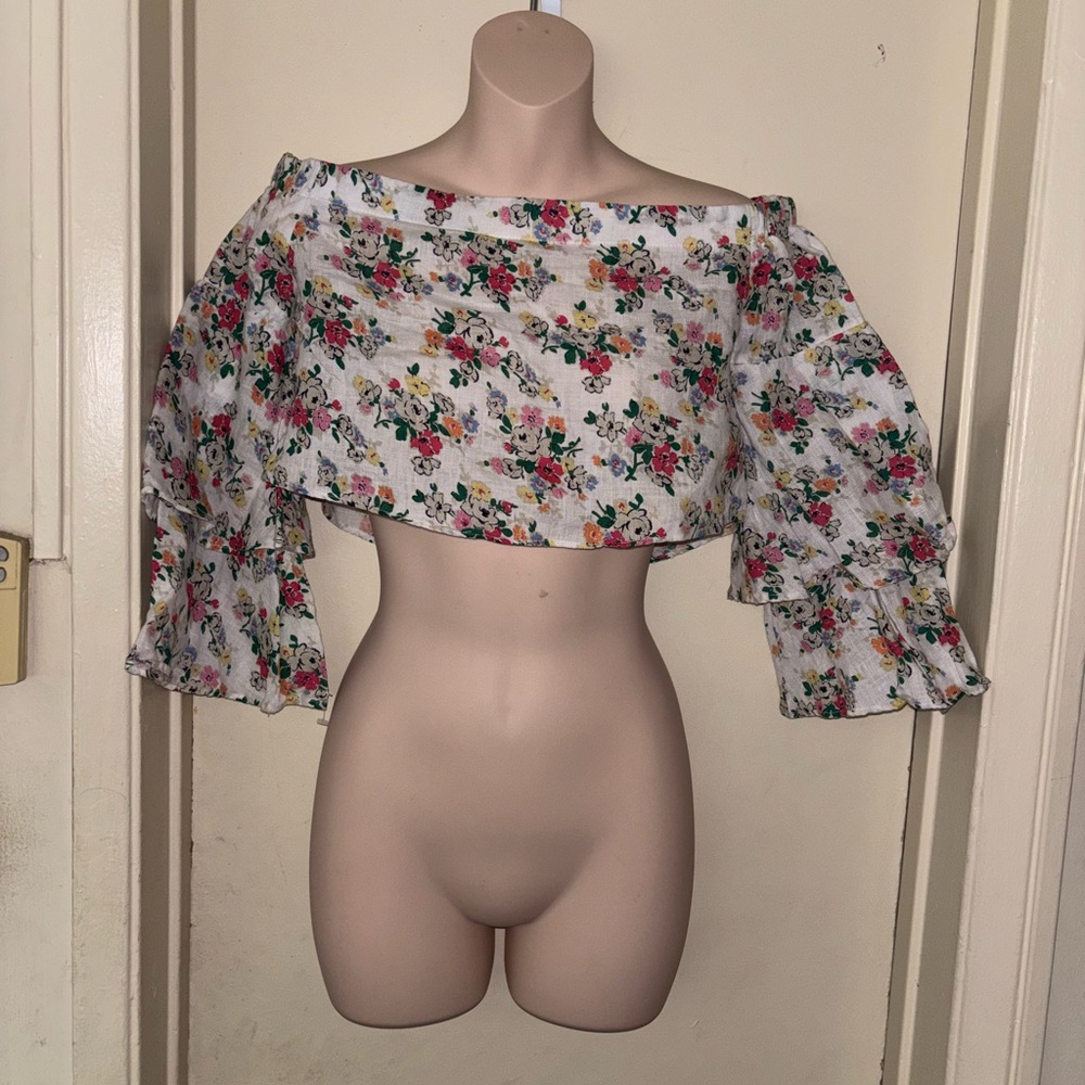 Pomelo. Floral Off-Shoulder Crop Top- Multicolor. Size M 100% Linen